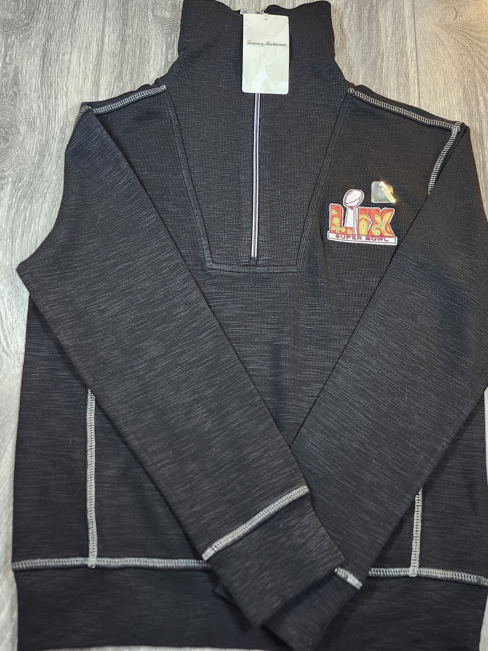 Tommy Bahama Women's Black Quarter-Zip Sweater with Super Bowl Patch
